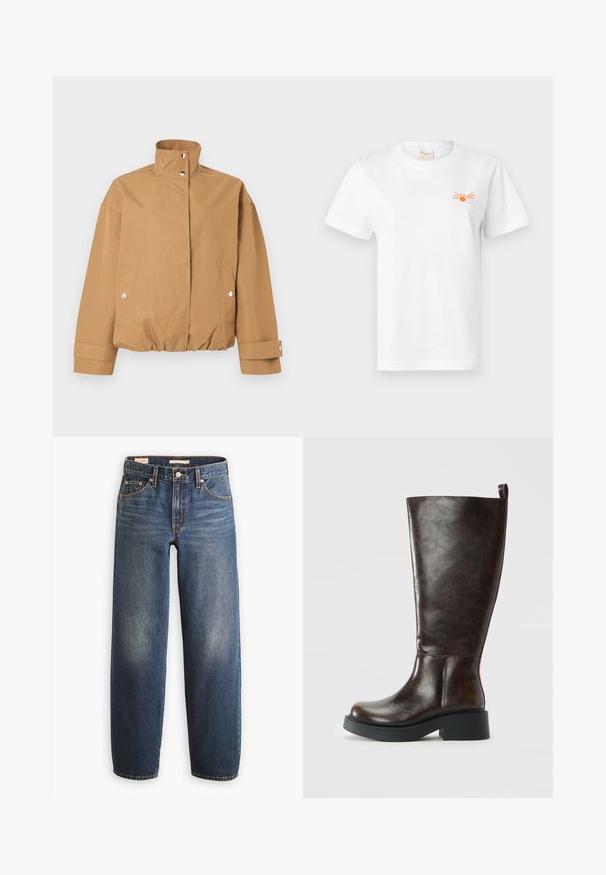 Tan farvet cropped jakke med høj krave, lukning med trykknapper, to forlommer med trykknapper og lange ærmer med manchetter med trykknapper.; Hvid bomulds T-shirt med korte ærmer. Har en orange solgrafik og teksten "Closed" på venstre brystområde. Klassisk rund halsudskæring.; Mørkeblå denimjeans med en straight-leg design, der har fem lommer, kobbernitter og diskret falmning på lårene.; Mørkebrun læder knæhøj støvle med rund tå, chunky sort sål, lav blokhæl og trækflig bagpå.