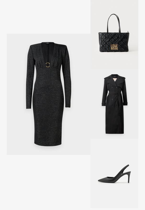 Trench-coat long noir, double boutonnage, avec larges revers, ceinture à la taille, épaulettes et bracelets aux manches.; Robe midi ajustée à manches longues noire avec décolleté en V profond, buste froncé, tissu légèrement scintillant et boucle ronde dorée décorative au centre avant.; Escarpins à talon aiguille en cuir noir, avec un design à bout pointu, présentant une découpure à l'avant et un talon fin.; Sac à main noir matelassé avec deux poignées et logo doré "LOVE MOSCHINO" à l'avant, sur un fond clair uni.