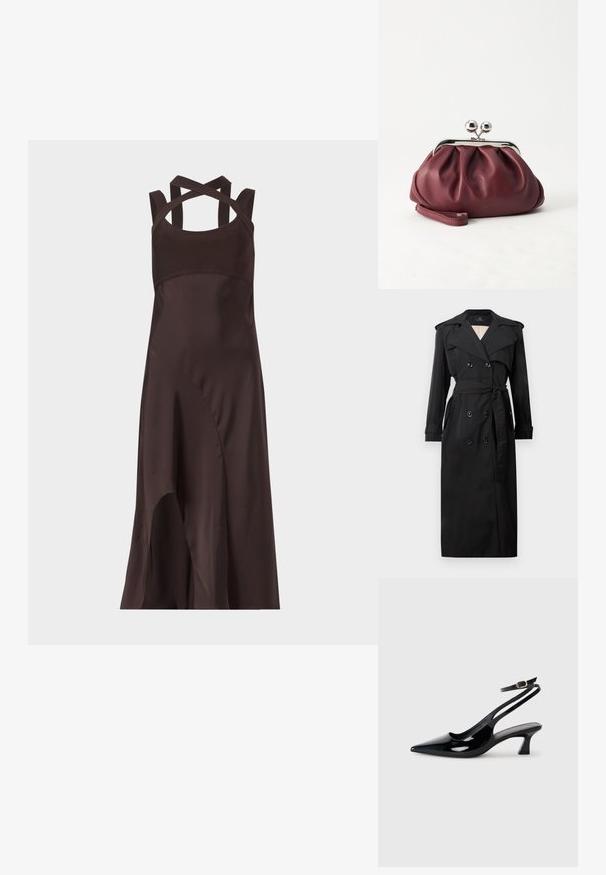 Zwart dubbelgeknoopt lange trenchcoat met wijde revers, riem in de taille, schouderepauletten en manchetten met riem.; Donkerbruine mouwloze midi-jurk met asymmetrische zoom en gekruiste banden aan de achterkant, op een effen lichte achtergrond.; Zwarte gepatineerde leren slingback hakken met een puntige neus, lage blokhak en een verstelbare enkelband met een gouden gespsluiting.; Kleine bordeauxrode leren clutch-portemonnee met zilverkleurige metalen sluiting en polsbandje op een witte achtergrond.