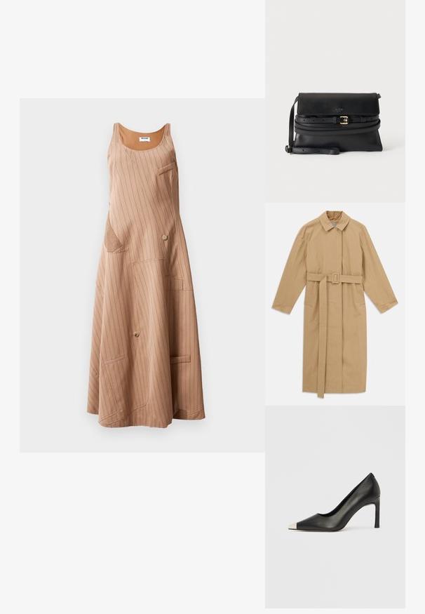 Manteau trench beige long avec large col, manches longues, ceinture avec boucle à la taille et poches latérales, présenté à plat sur fond blanc.; Robe marron à rayures avec une coupe décontractée, dotée d'un décolleté en forme de bateau, de poches latérales et de détails en boutons. Fabriquée à partir d'un tissu doux.; Chaussure à talon haut en cuir noir avec bout pointu et capuchon argenté métallique. Présente une finition lisse et un talon fin de 10 cm.; Sac bandoulière en cuir noir avec rabat, fine bandoulière ajustable et ceinture décorative avec boucle dorée à l'avant.