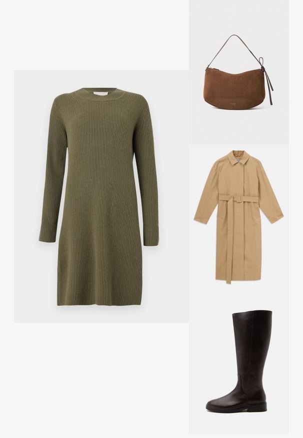 Beige langer Trenchcoat mit weitem Kragen, langen Ärmeln, Gürtel mit Schnalle in der Taille und seitlichen Taschen, flach auf weißem Hintergrund ausgelegt.; CLOSED CREW NECK DRESS LONG SLEEVE - Strickkleid - forest green; Dunkelbrauner kniehoher Lederstiefel mit niedrigem Absatz und abgerundeter Spitze, seitlich auf hellem einfarbigem Hintergrund dargestellt.; Braune Wildlederhandtasche mit geschwungener Form, ausgestattet mit einem schmalen, dunkelbraunen Riemen und einem goldenen Reißverschlussakzent. Weiche Textur ohne sichtbare Muster.