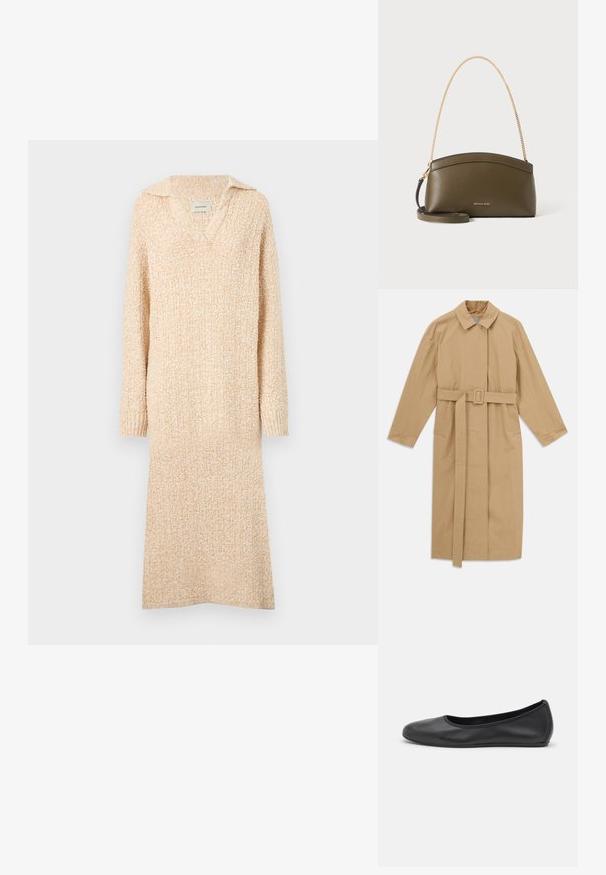 Beige lange trenchcoat met brede kraag, lange mouwen, riem met gesp in de taille en zijzakken, plat gelegd op een witte achtergrond.; Beige gebreide jurk met een V-hals en kraag, lange mouwen en geribde manchetten. Zachte textuur met een licht gestructureerd patroon over het geheel.; Zwarte leren ballerina met een ronde neus, gladde textuur, minimale stikdetails en een flexibele zoolontwerp.; Olijfgroene Michael Kors-handtas met gouden kettingschouderband, gebogen bovenkant en klein goud logo aan de voorkant, getoond tegen een witte achtergrond.