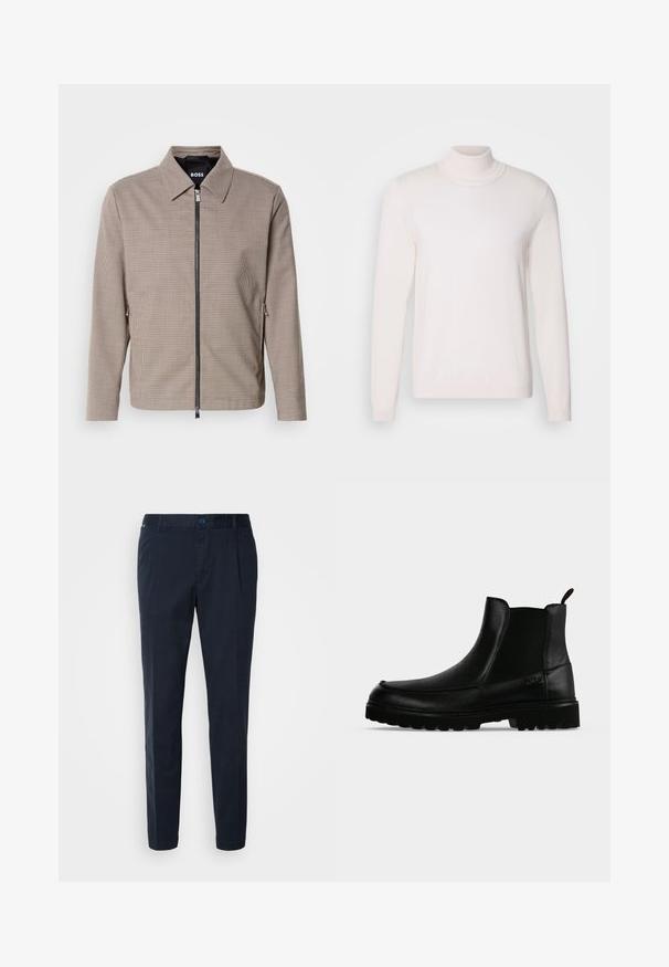 Brunternede tæppet zip-jakke med spids krave, sidelommer og en glat tekstur. Har en metal lynlås og subtile design detaljer.; Lyserød rullekravesweater med lange ærmer, blød tekstur, ribbet krave og manchetter, der har et klassisk, tætsiddende design.; Mørkeblå bukser lavet af bomuldsblanding, med lige pasform, frontfolder og knaplukning i taljen. Glat tekstur, ingen mønstre.; Sort læderankelstøvle med tekstureret sål, elastiske sidepaneler og træksnor på en lysegrå baggrund.