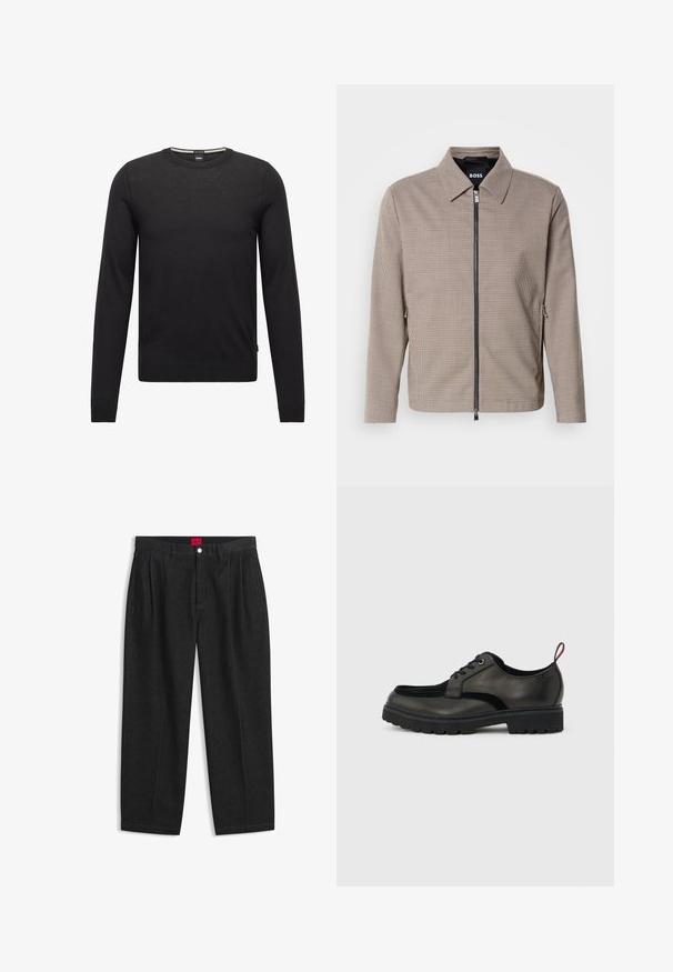 Brunternede tæppet zip-jakke med spids krave, sidelommer og en glat tekstur. Har en metal lynlås og subtile design detaljer.; Sort langærmet trøje lavet af fint strikket stof. Har en rund halsudskæring samt ribbede manchetter og kant. Minimalistisk design uden mønstre.; Sorte bukser med høj talje med forreste læg, bæltestropper, knap og lynlås lukning samt en rød label indeni linningen.; Sort læder snøresko med tyk slidbanesål og rød hælestropp, vist i sideprofil på en lysegrå baggrund.