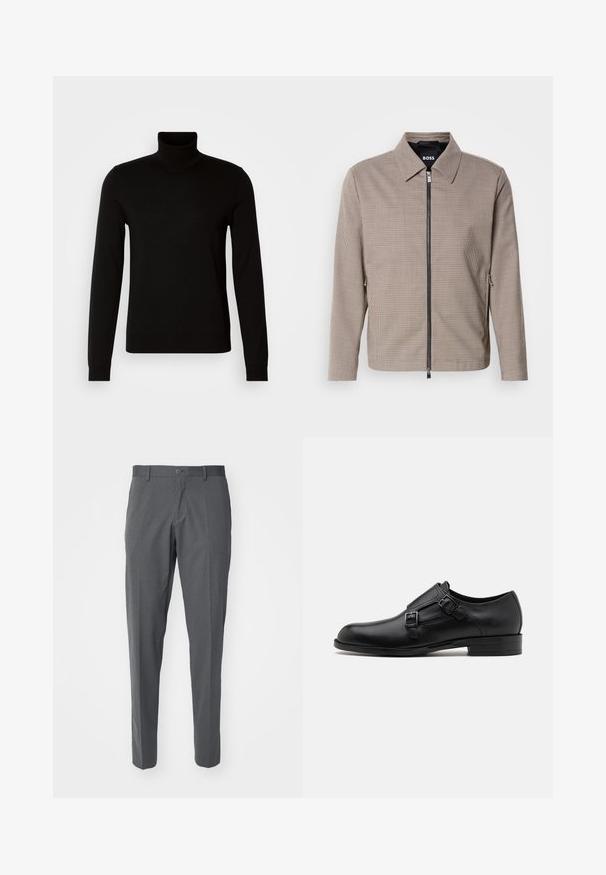 Brunternede tæppet zip-jakke med spids krave, sidelommer og en glat tekstur. Har en metal lynlås og subtile design detaljer.; Sort turtleneck sweater lavet af et fint strikket stof, der har lange ærmer og en tætsiddende silhuet. Glat tekstur med ribbede manchetter.; Grå bukser lavet af et glat stof, der har en knaplukning, forlommer og en slim fit-design.; Sort læderherresko med dobbelte spænder, slank silhuet og rund tå. Har en lav hæl og glat tekstur.