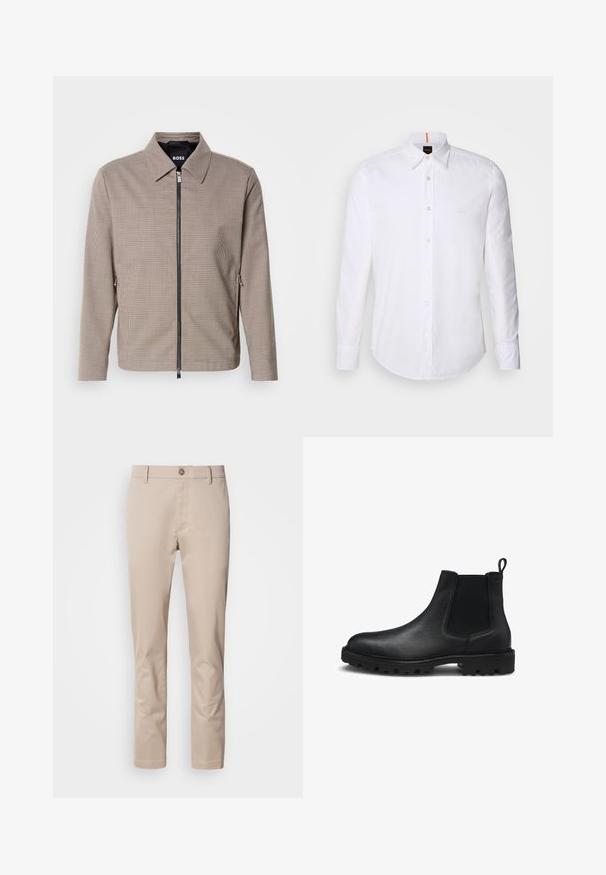 Veste zippée à carreaux marron avec un col pointu, des poches latérales et une texture lisse. Comprend une fermeture éclair métallique et des détails de design subtils.; Chemise blanche à manches longues et à boutons en coton, avec un col classique, un logo discret près de la poitrine et des boutons blancs.; Chinos en coton beige avec une coupe droite, passants de ceinture, un unique bouton frontal et une surface lisse, sans texture. Aucune poche n'est visible.; Bottine Chelsea en cuir noir avec panneaux élastiques sur les côtés, une surface texturée et une semelle robuste avec des crampons marqués. Design léger.