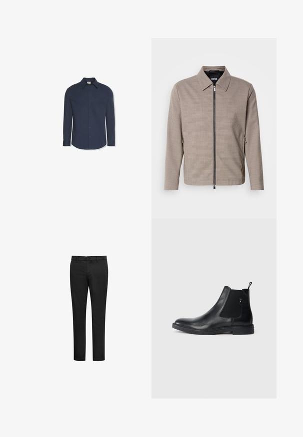 Chaqueta de cierre con cremallera a rayas marrones, con un collar puntiagudo, bolsillos laterales y una textura suave. Presenta una cremallera metálica y detalles de diseño sutiles.; Camisa azul marino de manga larga con botones, cuello y puños, con una etiqueta de Calvin Klein dentro del cuello.; Pantalones negros fabricados con una mezcla de algodón, con un diseño de corte ajustado, parte delantera plana y cierre con botón. Sin patrones ni detalles visibles.; Botines Chelsea de cuero negro con paneles elásticos laterales, una pestaña para tirar y una suela de goma plana. Textura suave con un detalle mínimo.