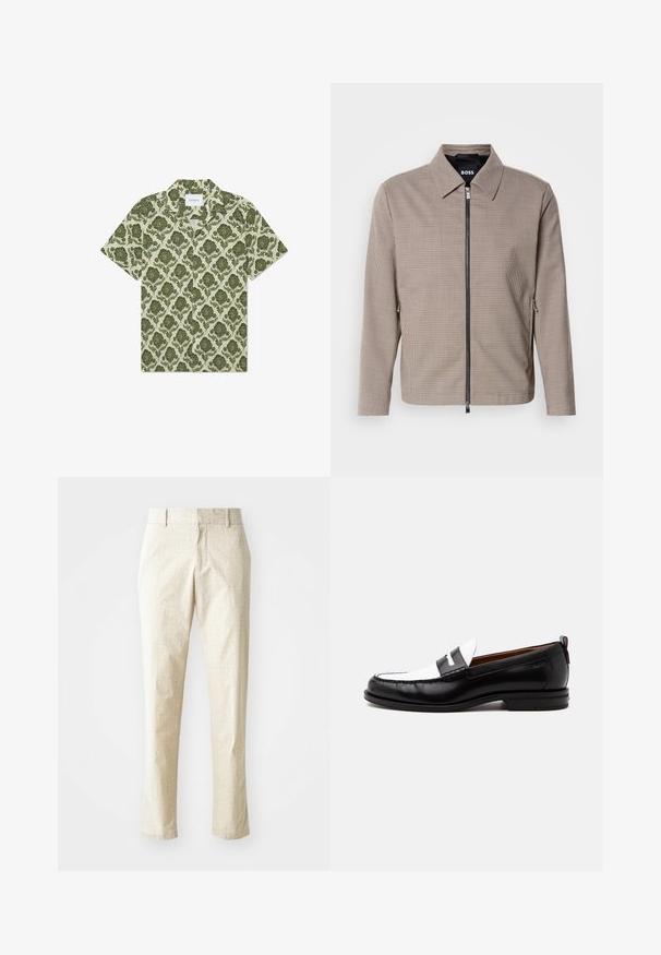 Brunternede tæppet zip-jakke med spids krave, sidelommer og en glat tekstur. Har en metal lynlås og subtile design detaljer.; Kortærmet skjorte med et grønt blomstermønster på en lys beige baggrund. Har en krave og et mærke med teksten "Les Deux."; Lys beige skræddersyede bukser med et tekstureret mønster, lige pasform og medium høj talje, der har bæltestropper og ingen synlige lommer.; Sort-hvid læderloafer med syning, lav hæl og slip-on design, vist fra siden på en ensfarvet baggrund.