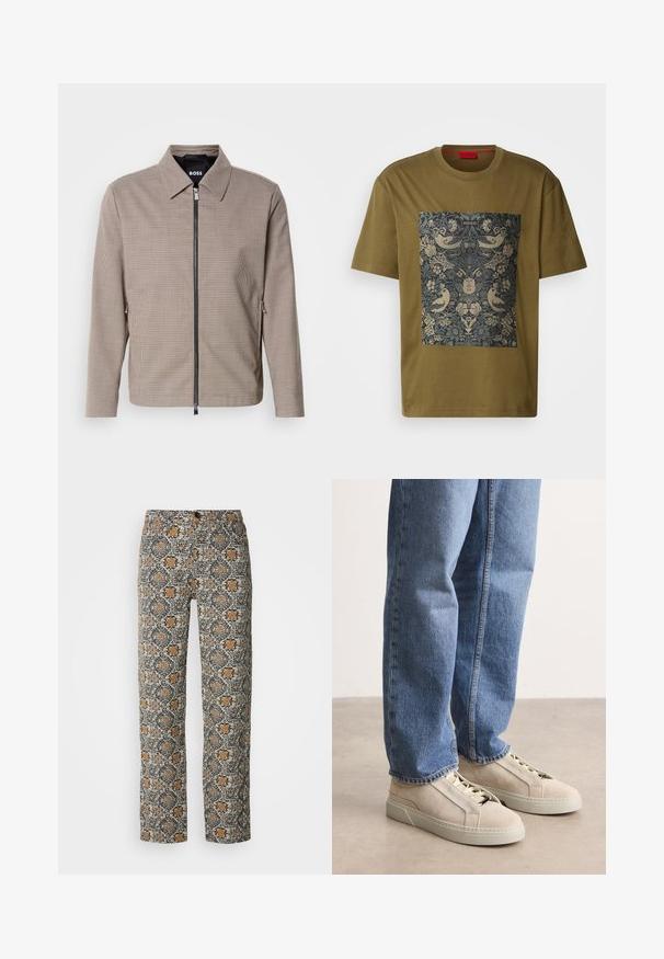 Brown geruite ritsjack met een puntige kraag, zijzakken en een gladde textuur. Bevat een metalen rits en subtiele ontwerpelementen.; Olijfgroene katoenen t-shirt met een rechthoekige grafische print van complexe bloemen- en vogelontwerpen in donkerblauwe en gouden tinten.; Bloemmotief broeken in beige, zwart en oranje. Gemaakt van lichtgewicht stof, met een rechte snit en een knoopsluiting.; BOSS GARYTENN_SDHDEL - Sneakers laag - natural ten