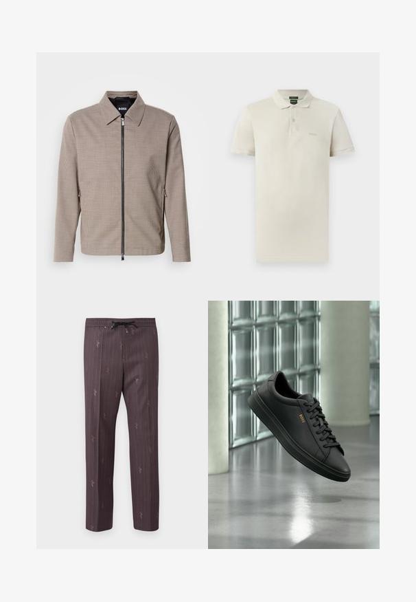 Braun karierter Reißverschlussjacke mit spitzem Kragen, seitlichen Taschen und glatter Textur. Mit einem metallischen Reißverschluss und dezenten Designdetails.; Poloshirt aus hellbeigem Baumwollstoff, mit klassischem Kragen, kurzen Ärmeln, zweiknöpfiger Knopfleiste und dezentem, auf der Brust gesticktem Logo.; Hose mit elastischem Bund in Dunkelpurpur mit vertikalen Streifen und dezenten Druckdetails. Leichtes Material mit entspannter Passform.; Schwarzer flacher Ledersneaker mit schwarzen Schnürsenkeln und goldenem BOSS-Logo an der Seite, schwebend über einem glänzenden grauen Boden in einem modernen Innenraum.