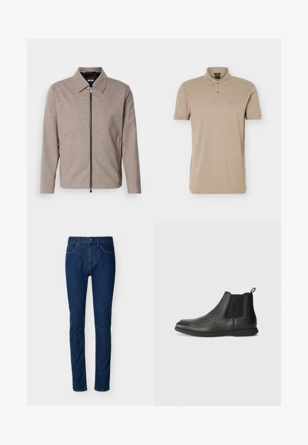 Brunternede tæppet zip-jakke med spids krave, sidelommer og en glat tekstur. Har en metal lynlås og subtile design detaljer.; Beige polo-shirt med korte ærmer, to knapper og et lille præget logo på venstre bryst.; Mørkeblå denimjeans med slim fit, fem-lomme design, synlige syninger og knaplukning ved taljen. Glat tekstur.; Sorte læder ankelstøvler med en glat overflade, elastiske sidepaneler og en løkke bagpå. Rundet tå og gummisål.