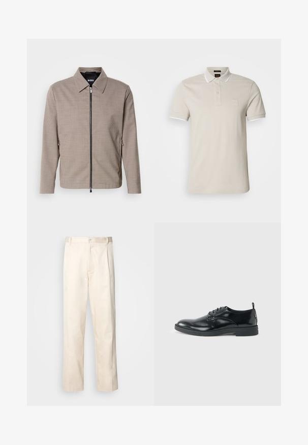 Veste zippée à carreaux marron avec un col pointu, des poches latérales et une texture lisse. Comprend une fermeture éclair métallique et des détails de design subtils.; Polo beige en coton, avec un col blanc, des manches courtes et un écusson texturé sur la poitrine.; Pantalon en coton beige avec une coupe droite, présentant une fermeture à bouton et des plis sur le devant pour plus de détails.; Chaussure habillée en cuir noir brillant avec un petit talon, fermeture à lacets et bout rond, vue de côté sur un fond uni et clair.