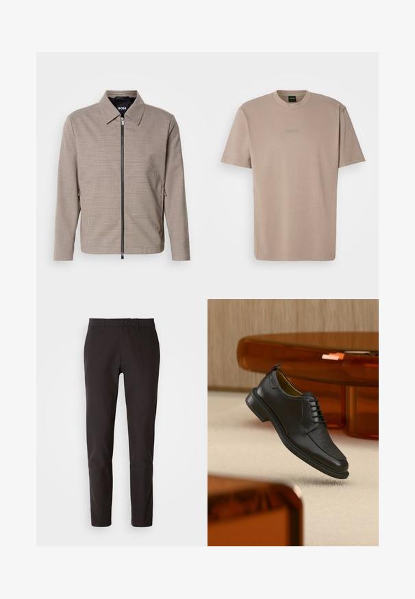 Chaqueta de cierre con cremallera a rayas marrones, con un collar puntiagudo, bolsillos laterales y una textura suave. Presenta una cremallera metálica y detalles de diseño sutiles.; Camiseta de algodón suave color beige con mangas cortas y cuello redondo, que presenta un logo bordado de "BOSS" en el pecho.; Pantalones negros de tela suave, con corte recto, cinturilla estándar con cierre de botón y sin bolsillos o patrones visibles.; Zapato de vestir negro de piel con cordones y parte delantera texturizada, flotando sobre una alfombra beige en una habitación moderna con muebles de tono ámbar.