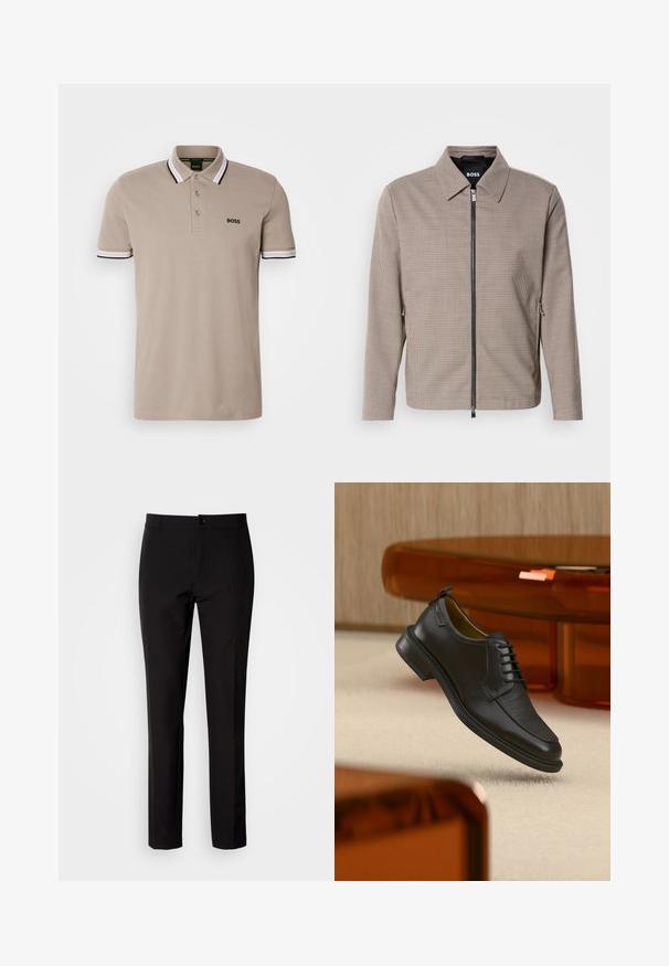 Pruuni ruuduline tõmblukujope terava kraega, küljetaskudega ja sileda tekstuuriga. Sellel on metallne tõmblukk ja delikaatsed disainidetailid.; Beige polo särk klassikalise kraega, lühikeste varrukatega ja musta ja valge aktsendiga äärega. Rinna kohal tikitud 'BOSS' logo.; Mustad püksid, valmistatud siledast kangast, sirge jala disainiga, ees nööpidega kinni, ning diskreetsed küljetaskud. Lihtne ja viimistletud välimus.; Mustast nahast pitsidega kleitking tekstureeritud esiosaga, hõljumas beeži vaiba kohal moodsas toas, millel on merevaigutoonilised mööbliesemed.