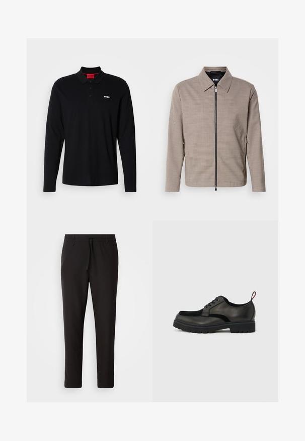 Brown geruite ritsjack met een puntige kraag, zijzakken en een gladde textuur. Bevat een metalen rits en subtiele ontwerpelementen.; Zwarte lange mouwen polo shirt van katoen, met een rode kraag en een drieknoopsluiting, voorzien van een wit "HUGO" logo op de borst.; Zwarte joggingsbroek van gladde stof. Kenmerkt zich door een elastische tailleband met een trekkoord, taps toelopende benen en geen zichtbare zakken. Eenvoudig ontwerp.; Zwarte leren veterboot met dikke, getande zool en rode trekband aan de hiel, weergegeven in zijprofiel op een lichtgrijze achtergrond.