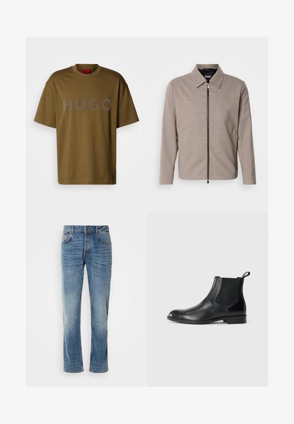 Brunternede tæppet zip-jakke med spids krave, sidelommer og en glat tekstur. Har en metal lynlås og subtile design detaljer.; Olivegrøn t-shirt i bomuld med rund hals og korte ærmer, med et stort gråt "HUGO" logo trykt på forsiden.; Lyseblå denimbukser med lige ben, fem lommer, kontrasterende syninger og en falmet finish. Har en knap- og lynlåsåbning.; Sorte læder ankelstøvler med elastiske sidepaneler, rund tå og en trækloft. Glat tekstur, flad sål, minimalistisk design.