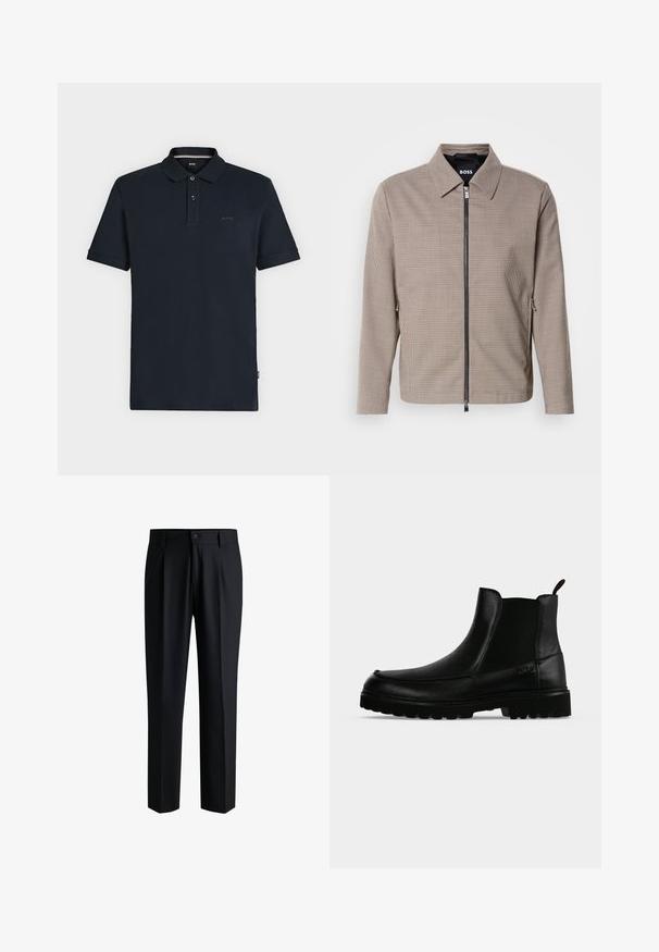 Braun karierter Reißverschlussjacke mit spitzem Kragen, seitlichen Taschen und glatter Textur. Mit einem metallischen Reißverschluss und dezenten Designdetails.; Schwarzes Poloshirt mit kurzen Ärmeln, zwei vorderen Knöpfen und kleinem "BOSS"-Logo auf der Brust, dargestellt vor einem hellen einfarbigen Hintergrund.; Schwarze Hose aus glattem Stoff, mit geradem Bein-Design, Falten vorne und einem Knopfverschluss mit Gürtelschlaufen.; Schwarzer Lederknöchelstiefel mit strukturierter Sohle, elastischen Seitenteilen und Zuglasche vor einem hellgrauen Hintergrund.
