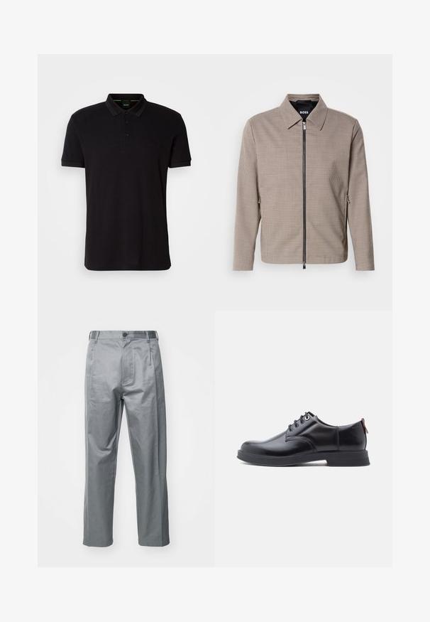 Veste zippée à carreaux marron avec un col pointu, des poches latérales et une texture lisse. Comprend une fermeture éclair métallique et des détails de design subtils.; Polo shirt noir en tissu doux, avec un col classique, une patte de boutonnage à trois boutons et un logo brodé sur la poitrine.; Pantalons en mélange de coton gris à coupe droite, avec une fermeture à bouton sur le devant, des passants de ceinture et des poches latérales.; Chaussures en cuir noir à lacets avec une texture lisse, un bout arrondi et des détails de couture discrets. Présentent une languette rouge à l'arrière.