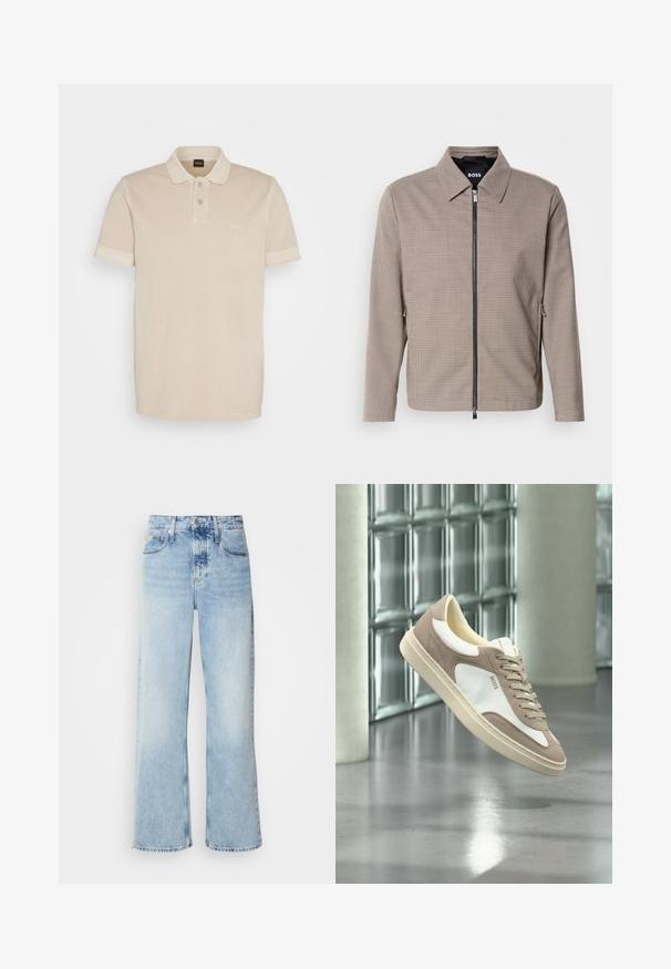Brunternede tæppet zip-jakke med spids krave, sidelommer og en glat tekstur. Har en metal lynlås og subtile design detaljer.; Beige polo-shirt lavet af blødt bomuld. Den har en klassisk krave, to knapper og et lille broderet logo på brystet.; Lysblå vide jeans med høj talje, der har en falmet finish, bæltestropper og klassisk fem-lomme design. Kantene er rå.; Beige og hvid ruskindssneaker med snørebånd og "BOSS"-logo, der svæver over en poleret beton gulv med glasblokvægge i baggrunden.