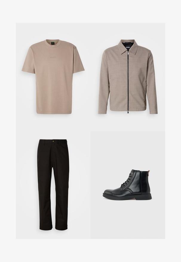 Chaqueta de cierre con cremallera a rayas marrones, con un collar puntiagudo, bolsillos laterales y una textura suave. Presenta una cremallera metálica y detalles de diseño sutiles.; Camiseta de algodón suave color beige con mangas cortas y cuello redondo, que presenta un logo bordado de "BOSS" en el pecho.; Pantalones de algodón negros con corte recto, presillas para el cinturón, cremallera frontal y un solo botón de cierre. Textura suave sin patrones visibles.; Bota de tobillo de cuero negro con cordones en la parte delantera, puntera redondeada, suela plana y lengüeta en la parte trasera sobre un fondo liso gris claro.