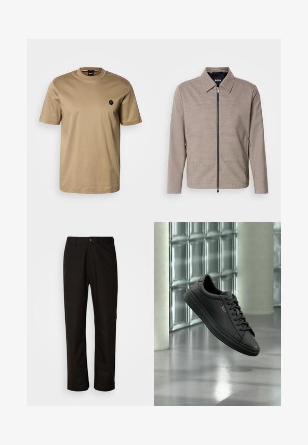 Veste zippée à carreaux marron avec un col pointu, des poches latérales et une texture lisse. Comprend une fermeture éclair métallique et des détails de design subtils.; T-shirt à manches courtes couleur fauve, en coton, avec un col rond et un petit logo noir sur la poitrine gauche. Texture lisse, coupe décontractée.; Pantalon en coton noir avec une coupe droite, des passants de ceinture, une fermeture éclair à l'avant et un seul bouton. Texture lisse sans motifs visibles.; Baskets basses en cuir noir avec lacets noirs et logo BOSS doré sur le côté, flottant au-dessus d’un sol gris brillant dans un espace intérieur moderne.
