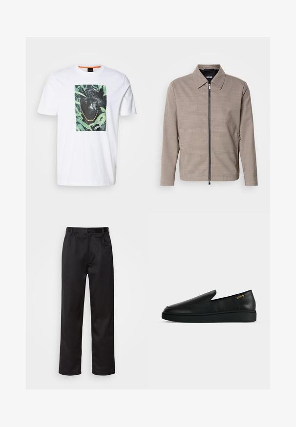 Chaqueta de cierre con cremallera a rayas marrones, con un collar puntiagudo, bolsillos laterales y una textura suave. Presenta una cremallera metálica y detalles de diseño sutiles.; Camiseta de algodón blanca con un destacado gráfico de un pantera negra rodeado de follaje verde, con un detalle de cadena dorada y marca.; Pantalones negros de tela suave, con cierre delantero de botón, pliegues y patas rectas. Sin patrones ni acentos visibles.; Zapato negro de cuero sin cordones con suela gruesa y marca "HUGO" en dorado cerca del talón sobre un fondo liso gris claro.