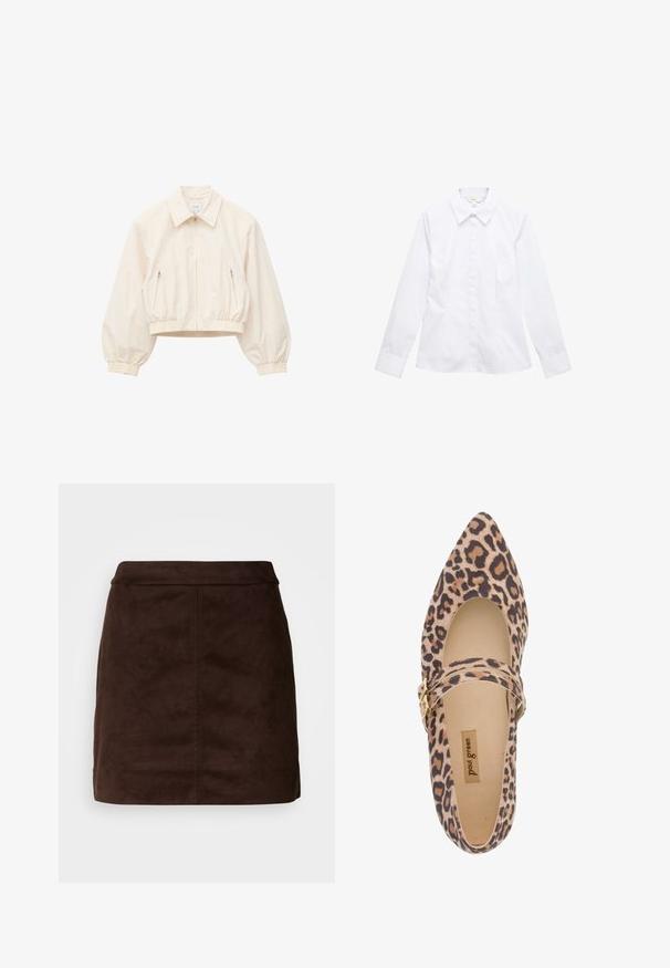 Lys beige cropped jakke med lange pufærmer, krave, foran lynlås og to lynlåslommer på siden.; Hvid skjorte med lange ærmer, knapper, krave, skræddersyet pasform og manchetter, lagt fladt på en hvid baggrund.; Brun ruskind mini nederdel med en glat tekstur, tætsiddende talje og lodrette sømdetaljer. Minimalistisk design uden yderligere udsmykninger.; Leopard-print Mary Jane sko med spids tå, blødt stof overdel og en rem forsynet med en guldbuckle. Kig til cremeforing og sål.