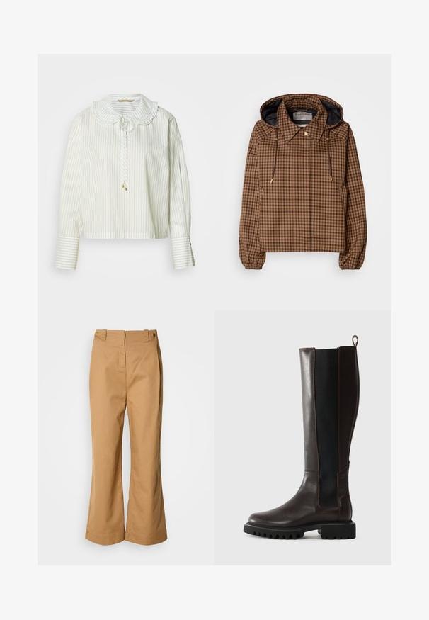 Veste légère brown à carreaux avec capuche, poignets élastiques et cordon de serrage, dotée d'une doublure intérieure sombre unie.; Blouse rayée blanche avec un col festonné, des manches longues et une fermeture à nouer. Dotée de détails dorés et d'une coupe décontractée.; Pantalon à jambes larges en tissu de coton beige, doté d'une taille haute, de deux boutons dorés et d'une texture lisse. Aucun motif ou accent visible.; Bottes en cuir marron hauteur genou avec panneaux élastiques sur les côtés, semelle en caoutchouc robuste et une languette à l'arrière ; design élégant avec des textures contrastées.
