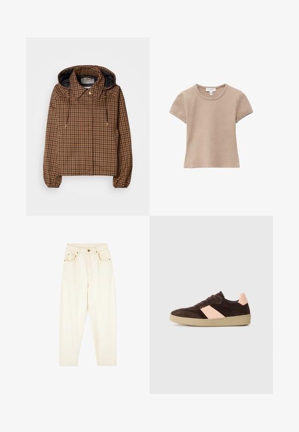 Braun karierte leichte Jacke mit Kapuze, elastischen Bündchen und Zugbanddetails, ausgestattet mit einem einfarbigen dunklen Innenfutter.; Beige kurzärmliges Baumwoll-T-Shirt mit Rundhalsausschnitt, sichtbaren Nähten und einem Stoffetikett am Halsausschnitt, flach auf weißem Hintergrund gelegt.; Cremfarbene Jeans mit geraden Beinen, zwei Vordertaschen und goldenen Hardware-Details. Glatte Textur mit klassischem Design.; Braune Wildleder-Sneaker mit einem hellrosa diagonalen Streifen, Schnürdesign, strukturiertem Obermaterial und einer hellbraunen Gummisohle. Die Rückseite weist ein strukturiertes Akzentdesign auf.