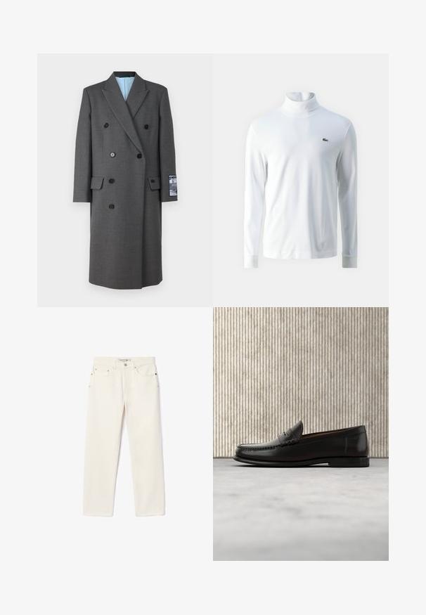 Grå dobbeltradet frakke lavet af tekstureret stof, med sorte knapper, notched kraver og en blå indvendig foring med et patch på ærmet.; Hvid langærmet turtleneck trøje lavet af blødt stof, med et lille grønt broderet logo på brystet og tætsiddende mancher.; Cremefarvede denimjeans med lige ben, der har to forlommer, en knaplukning og diskret branding nær taljen.; Sort læder penny loafer med lav hæl, rundet tå og syningsdetaljer langs fronten og siderne, vist på neutral baggrund.