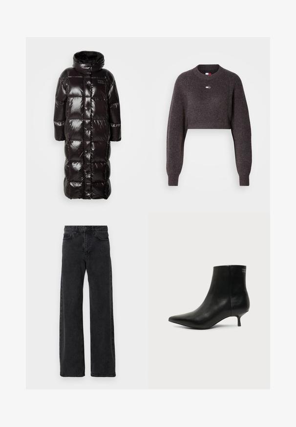 Schwarze Pufferjacke mit glänzender, gesteppten Textur, die einen hohen Kragen und lange Ärmel hat. Das Design umfasst Druckknopfverschlüsse und seitliche Taschen.; Kurz geschnittener grauer Pullover mit gerippter Textur, langen Ärmeln und rundem Ausschnitt. Verfügt über ein kleines Logo auf der Vorderseite.; Schwarze Denim-Jeans mit weitem Bein, klassischen fünf Taschenstil, Knopfverschluss und subtiler Waschung.; Schwarzer Leder-Knöchel-Stiefel mit spitzer Spitze und niedrigem Kittenabsatz vor hellem Hintergrund, seitliche Ansicht.