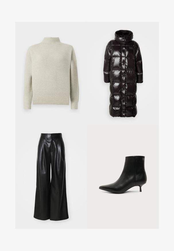 Doudoune noire avec texture brillante et matelassée, dotée d'un col haut et de manches longues. Le design comprend des fermetures à boutons-pression et des poches latérales.; Pull en cachemire côtelé gris clair avec des manches longues et une coupe décontractée. Tissu tricoté texturé avec des manches et un ourlet à revers.; Pantalons large en faux cuir noir, taille haute, avec un devant plissé et une texture lisse. Caractéristiques d'un design épuré et minimaliste.; Bottine en cuir noir avec bout pointu et petit talon kitten sur fond clair, vue côté extérieur.