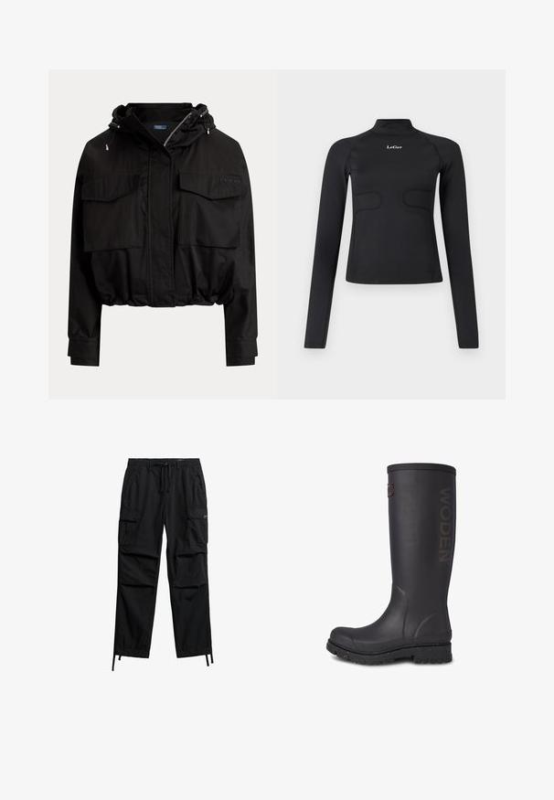 Veste courte noire avec fermeture éclair frontale, capuche à cordon, deux poches à rabat sur la poitrine et ourlet et poignets élastiqués.; Haut ajusté à manches longues noir avec col montant et logo "LeGer" blanc centré sur la poitrine, le tout sur fond blanc.; Pantalon cargo noir en tissu léger, doté de plusieurs poches latérales, d'une taille ajustable avec cordon de serrage, et de bas resserrés.; Botte noire en caoutchouc haute avec finition texturée, logo WODEN sur le côté, et semelle renforcée avec des accents mouchetés.