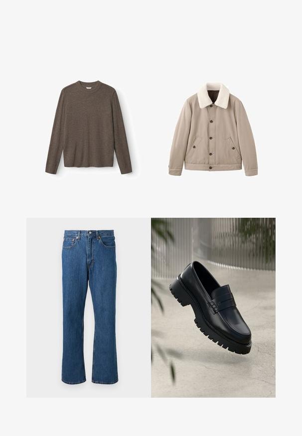 Chaqueta beige con cuello de piel blanca texturizada, cierre frontal con botones y dos bolsillos laterales, con exterior liso y corte entallado.; Suéter marrón de punto con escote redondo, mangas largas y dobladillo acanalado. Textura suave con un detalle mínimo y sin herrajes visibles.; Vaqueros azules de corte recto con botón y cremallera delanteros, cinco bolsillos y detalles de costuras naranjas sobre un fondo liso.; Mocasines de cuero negro con suela gruesa, que presentan una correa decorativa y detalles de costura. Textura suave con un acabado pulido.