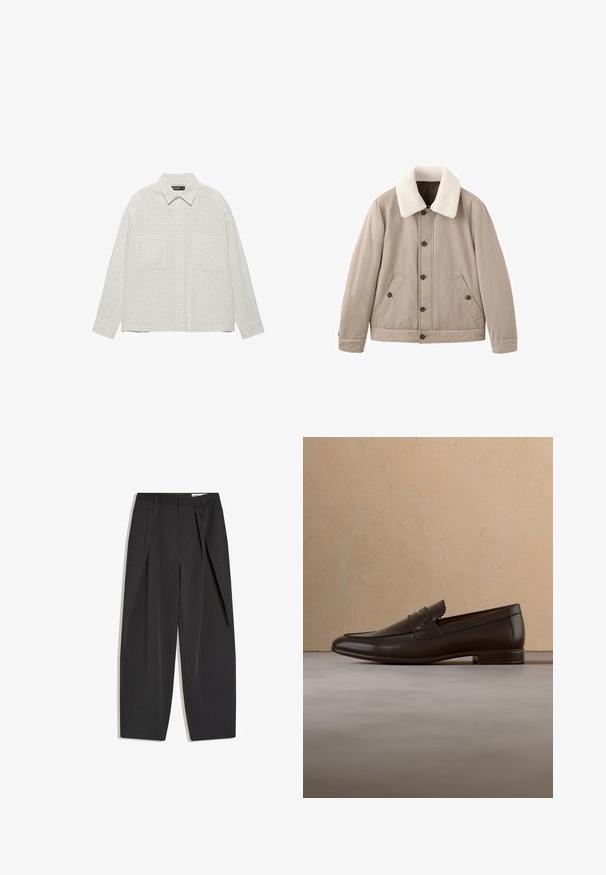 Veste beige avec un col en fausse fourrure blanche texturée, fermeture à boutons sur le devant, et deux poches latérales, dotée d'un extérieur lisse et d'une coupe ajustée.; Chemise à manches longues à carreaux beige et blanche, boutonnée, avec col et deux poches poitrine à l'avant, posée à plat sur un fond blanc.; Pantalon noir taille haute, coupé droit, avec pinces et passants de ceinture, présenté à plat sur un fond blanc.; Mocassin en cuir marron foncé flottant au-dessus d'un tapis beige avec un canapé courbé beige en arrière-plan.