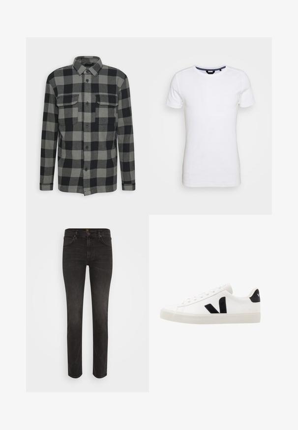TOM TAILOR DENIM OVERSHIRT - Overgangsjakke - grey/black; Lindbergh T-shirts basic - white; Slim-fit sorte denim jeans med fem lommer, bæltestropper, knaplukning og subtil forvitring på lår og knæ.; Hvide lædersneakers med sorte ruskindsdetaljer; har en gummisål, rund tå og klassisk snørebåndsdesign. Side logo i sort.