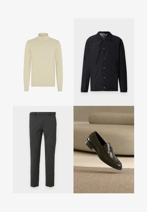 Veste légère noire avec col, boutons-pression à l'avant, poignets élastiques et doublure intérieure à motif. Présente un logo en relief à l'avant.; Pull col roulé beige clair avec un motif de tricot texturé, manches longues et poignets et ourlet côtelés. Tissu doux et confortable.; Pantalon pour homme en gris foncé, ajusté, avec passants de ceinture et fermeture à un bouton, présenté sur fond blanc.; Mocassin en cuir noir flottant au-dessus d'un tapis beige avec un canapé beige en arrière-plan, mettant en valeur le design classique pour hommes sans lacets.
