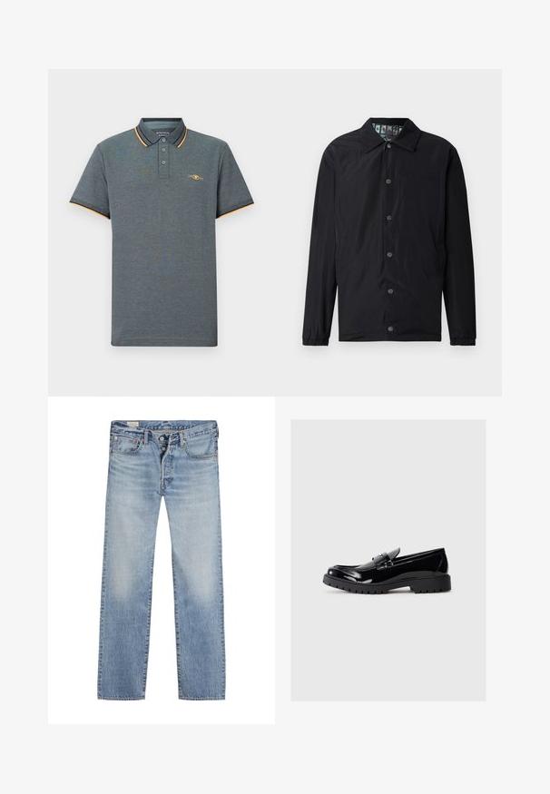 Sort letvægtsjakke med krave, forreste trykknapper, elastiske manchetter og et mønstret inderfor. Har præget logo foran.; Grå polo shirt med et tekstureret stof, der har en tre-knaps placket, lyseblå og orange kraveaccenter samt et lille logo på brystet.; Lyseblå denimjeans med lige ben, der har en knaplukning, fem-lomme design og en falmet tekstur langs lårene.; Sneakers i sort patentlæder med rund tå, dekorativ rem og kraftig gummisål med dybe treads til traction.