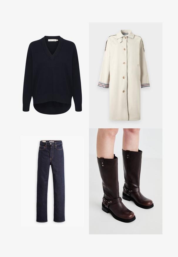 Trench-coat beige avec fermeture à boutons, deux poches latérales et poignets à motif à carreaux. Fabriqué en tissu lisse avec un design structuré, longueur au genou.; Pull V en maille marine avec des manches longues, une coupe décontractée et un ourlet arrondi. Fabriqué en tissu doux et texturé, avec des étiquettes minimales.; Jean en denim droit bleu foncé avec cinq poches et coutures orange visibles sur un fond blanc.; Bottines en cuir marron jusqu'aux genoux avec une texture lisse, dotées d'une large sangle et d'accents en métal triangulaires, semelles en caoutchouc plates.