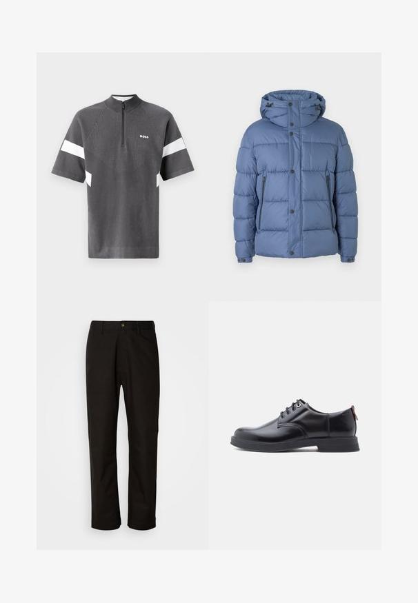 Blå pufferjakke med hætte, med et quiltet design, trykknap- og lynlås-lukninger samt to sidelommer. Glat tekstur og polstret fyld.; Grå sports skjorte med korte ærmer, lynlås krave og hvide akcentstriber. Har et tekstureret mønster på forsiden med "BOSS" logo.; Sorte bomuldsbukser med lige pasform, bæltestropper, lynlås foran og en enkelt knappelukning. Glat tekstur uden synlige mønstre.; Sorte snørestøvler i læder med glat tekstur, rundet tå og diskrete syningsdetaljer. Har en rød trækflig på hælen.