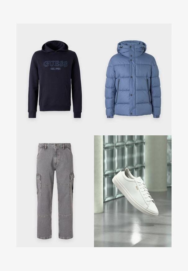 Blauwe pufferjack met een capuchon, met een gecapitonneerd ontwerp, drukknopen en ritssluitingen, en twee zijzakken. Glad textuur en gevoerde vulling.; Marineblauwe hoodie gemaakt van zachte stof, met een kangoeroezak, ribgebreide manchetten en geborduurd "GUESS EST.1981" logo op de voorkant.; Grijze cargobroek van denimstof met meerdere zakken, een rechte pijp en zichtbare stiklijnen.; Witte leren lage sneaker met veters, zwarte hielstrook en "BOSS"-logo, zwevend binnenshuis bij een glazen stenen muur en gepolijste vloer.