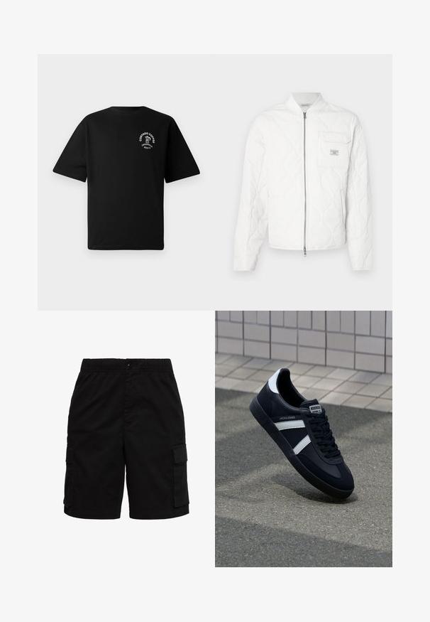 Veste matelassée blanche avec fermeture éclair à l'avant, col côtelé et une poche poitrine unique avec un patch logo. Texture lisse et design minimaliste.; T-shirt noir à manches courtes avec un petit logo blanc sur la poitrine représentant une cafetière et le texte "Cortado Coffee Original 2013."; Shorts cargo noirs avec taille élastique, fermeture à boutons et poches à rabat à l'avant de chaque côté.; Sneaker en cuir noir avec des rayures blanches, semelle en caoutchouc texturée et devant à lacets. Présente une étiquette de marque sur la languette.