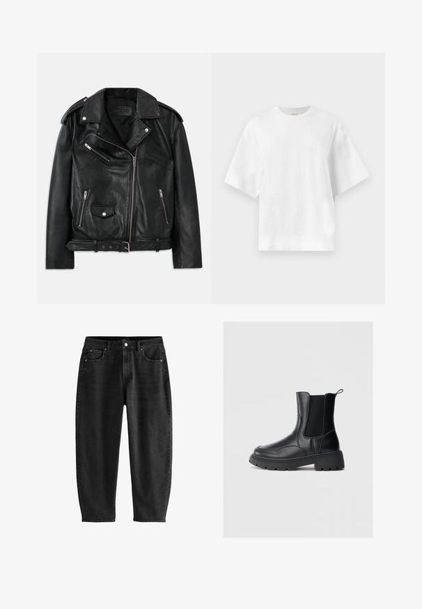 Sort læder bikerjakke med asymmetrisk frontlynlås, lynlås- og trykknaplommer, skulderepauletter og justerbart spænde i taljen.; Plain hvid oversized T-shirt med korte ærmer og rund halsudskæring, vist fladt mod en lys grå baggrund.; Sorte denim jeans med en afslappet pasform, der har et klassisk fem-lomme design, en knaplukning og subtile syningsdetaljer.; Sorte chelsea støvler lavet af glat læder, med elastiske sidepaneler, en tyk, robust sål, og en løkke bagpå for nem påtagning.