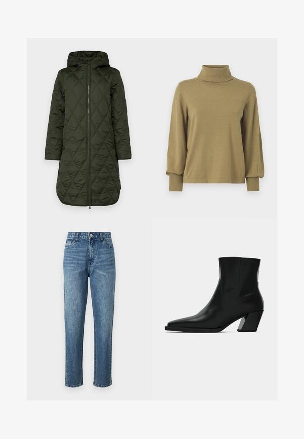 Padded hooded coat in dark green, featuring a diamond quilted pattern, long sleeves, and a front zipper closure. полноформатné obrázok.; VILA VIAMANDA TURTLE NECK - Svetrík - gothic olive; Modré rifľové nohavice so strihaním rovného strihu, piatimi vreckami a predným zapínaním na gombík. Svetlá pranie s jemným vyblednutím a textúrovaným povrchom.; Čierna kožená členková topánka s špicatou špičkou, elegantným siluetou a masívnym štvorecovým podpätkom. Hladký povrch s minimálnymi švovými detailmi.