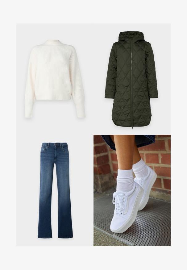 Manteau à capuche rembourré en vert foncé, avec un motif en losanges, des manches longues et une fermeture éclair à l'avant. image pleine taille.; Pull en crème clair à côtes avec manches longues et col montant. Texture douce avec une coupe décontractée, présentant de légères lignes verticales.; Jean bleu taille haute à jambes droites avec fermeture à bouton et à glissière, poches avant et arrière, présenté sur un fond uni clair.; Baskets en toile blanches avec semelles en caoutchouc, dotées de six œillets, d'un bout rond et de détails de couture légers, portées avec des chaussettes blanches mi-mollet.
