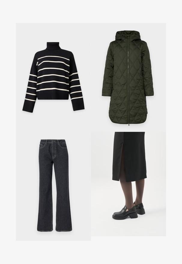 Manteau à capuche rembourré en vert foncé, avec un motif en losanges, des manches longues et une fermeture éclair à l'avant. image pleine taille.; Pull à col roulé noir à manches longues avec des rayures blanches horizontales sur le corps et les manches.; Jean en denim foncé à taille haute avec une coupe évasée, présentant des coutures dorées, cinq poches et une fermeture à bouton. Texture lisse, design de jambe droite.; Femme portant des mocassins noirs à talons épais, des collants noirs transparents et une jupe noire fendue à l'arrière sur fond blanc.