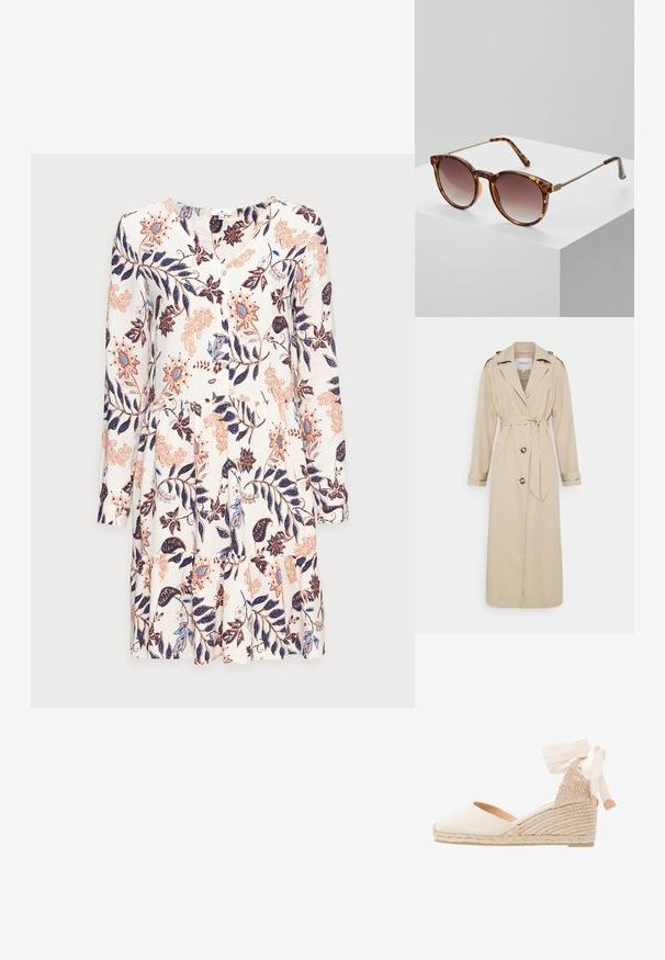 Trench-coat beige avec une ceinture à la taille, manches longues et épaulettes. Dispose de deux boutons à l'avant et d'une coupe ajustée. Texture du tissu lisse.; TOM TAILOR DRESS WITH FLOUNCE - Robe de jour - white; Escarpin compensé en toile beige avec un dos texturé, un ruban de cheville crème et une semelle en jute tressé. Bout arrondi avec un léger talon.; Lunettes de soleil écaille de tortue avec verres dégradés et fins accents en métal doré. Dotées de montures arrondies et de branches élégantes pour un look moderne.
