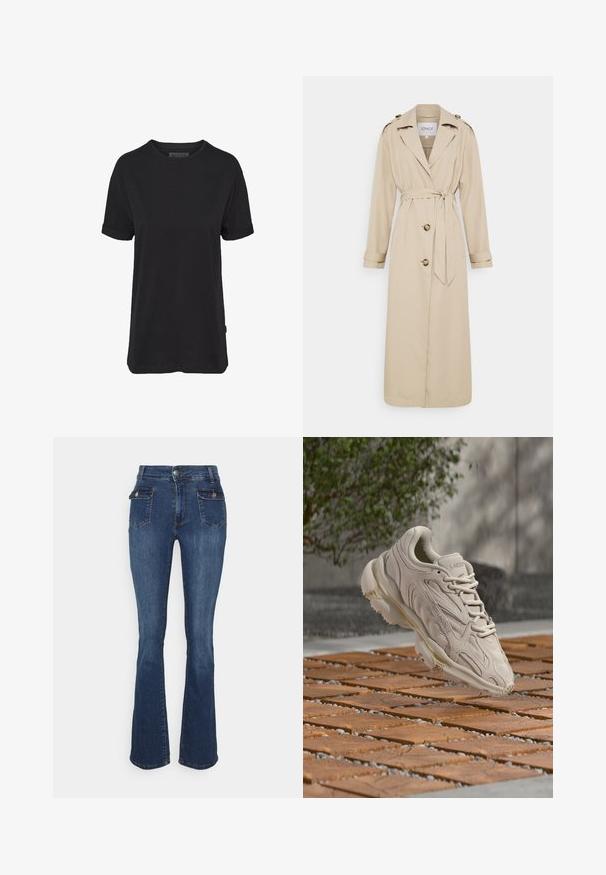 Beiger Trenchcoat mit tailliertem Gürtel, langen Ärmeln und Schulterklappen. Verfügt über zwei vordere Knöpfe und eine taillierte Passform. Glatte Stoffstruktur.; Schwarzes Baumwoll-T-Shirt mit kurzen Ärmeln, rundem Halsausschnitt und aufgerollten Bündchen; mit einem dezenten Markenlabel am seitlichen Saum.; Ausgestellte Denim-Jeans in Dunkelblau, mit hohem Bund, Front- und Gesäßtaschen, orangefarbenen Nähten und einem leichten Used-Look.; Beige Lacoste-Sneaker mit wellenförmigem Design und Schnürsenkeln, die über einem gemusterten Boden aus Holz und Kieselsteinen im Freien schweben.
