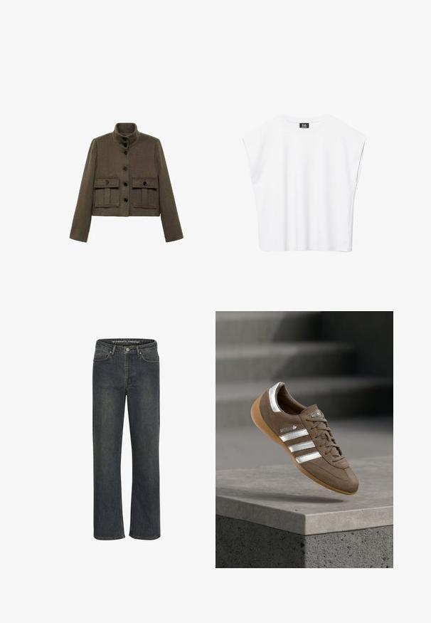 Mango Ľahká bunda - khaki; Biely bezrukávový crop top s okrúhlym výstrihom, širokými ramenami a čiernou nášivkou "B6" vo vnútri goliera.; Tmavomodré rovné džínsy vyrobené z denimu, s stredne vysokým pásom, piatimi vreckami a jemným šitím pozdĺž švov.; Hnedá semišová teniska s bielymi pruhmi a striebornými akcentmi, s textúrovaným zvrškom, šnurovaním a podrážkou z gumy