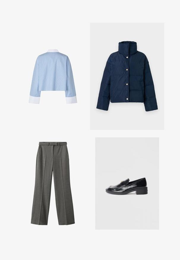 Navy blauwe pufferjack met een hoge kraag, drukknoopsluiting en een glanzende afwerking. Bevat grote, gequiltte secties en zijzakken.; Korte blauwe shirt met verticale strepen, met een witte kraag en manchetten. De stof lijkt glad met een zachte textuur.; Grijze, wijde broek van textuurstof. Heeft een riem met een rechthoekige gesp en twee zijzakken. Op maat gemaakte pasvorm.; Zwarte gepatineerde leren instappers met een lage blokhak, voorzien van een gestikt ontwerp en goudkleurige decoratieve accenten op het bovenwerk.